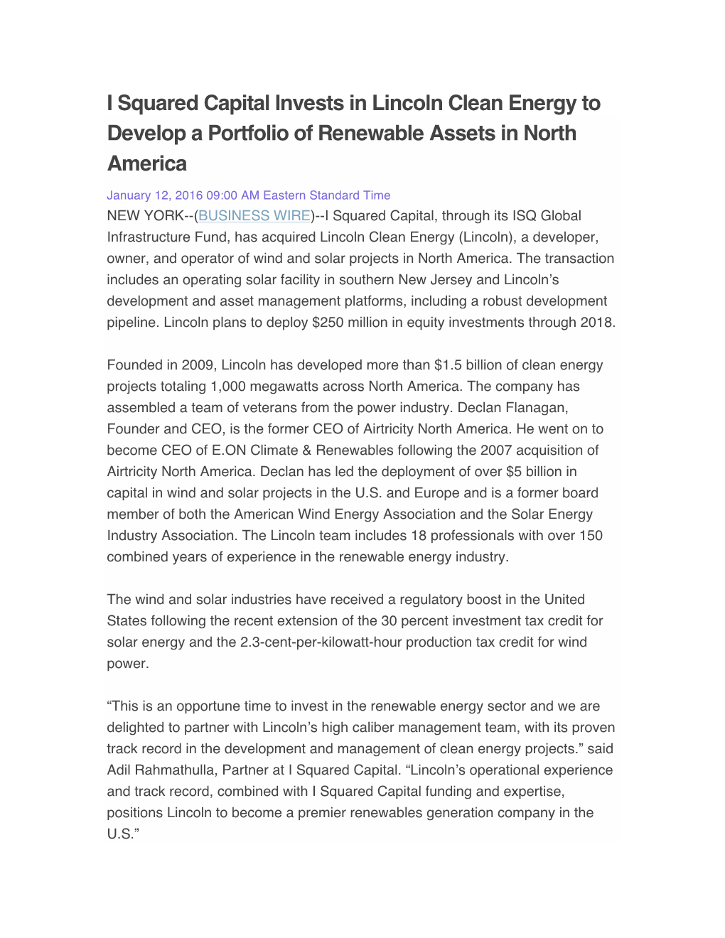 I Squared Capital Invests in Lincoln Clean Energy to Develop a Portfolio of Renewable Assets in North America