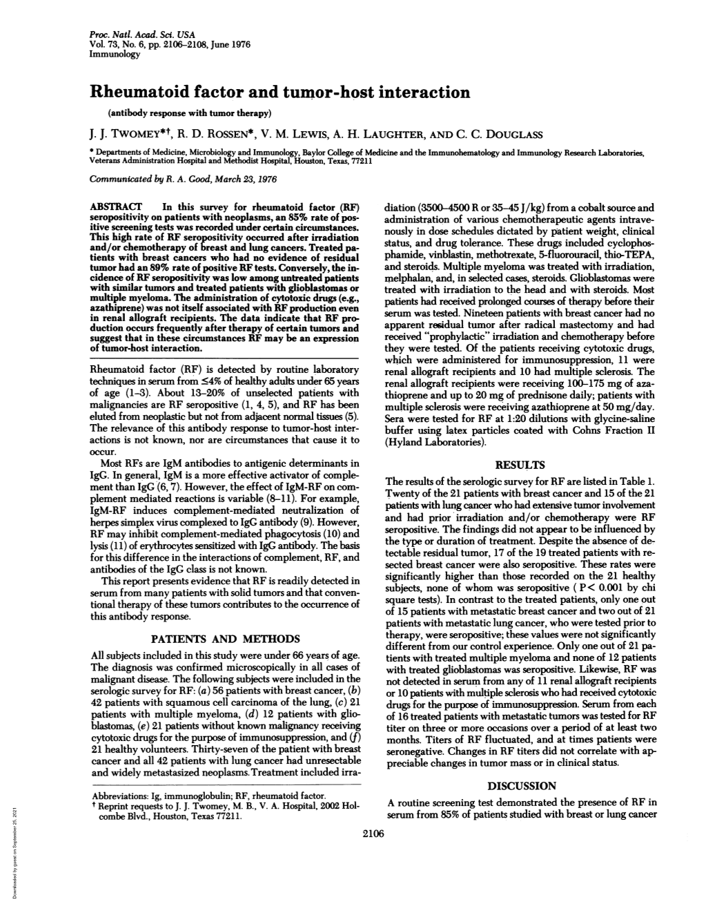 Rheumatoid Factor and Tumor-Host Interaction (Antibody Response with Tumor Therapy) J