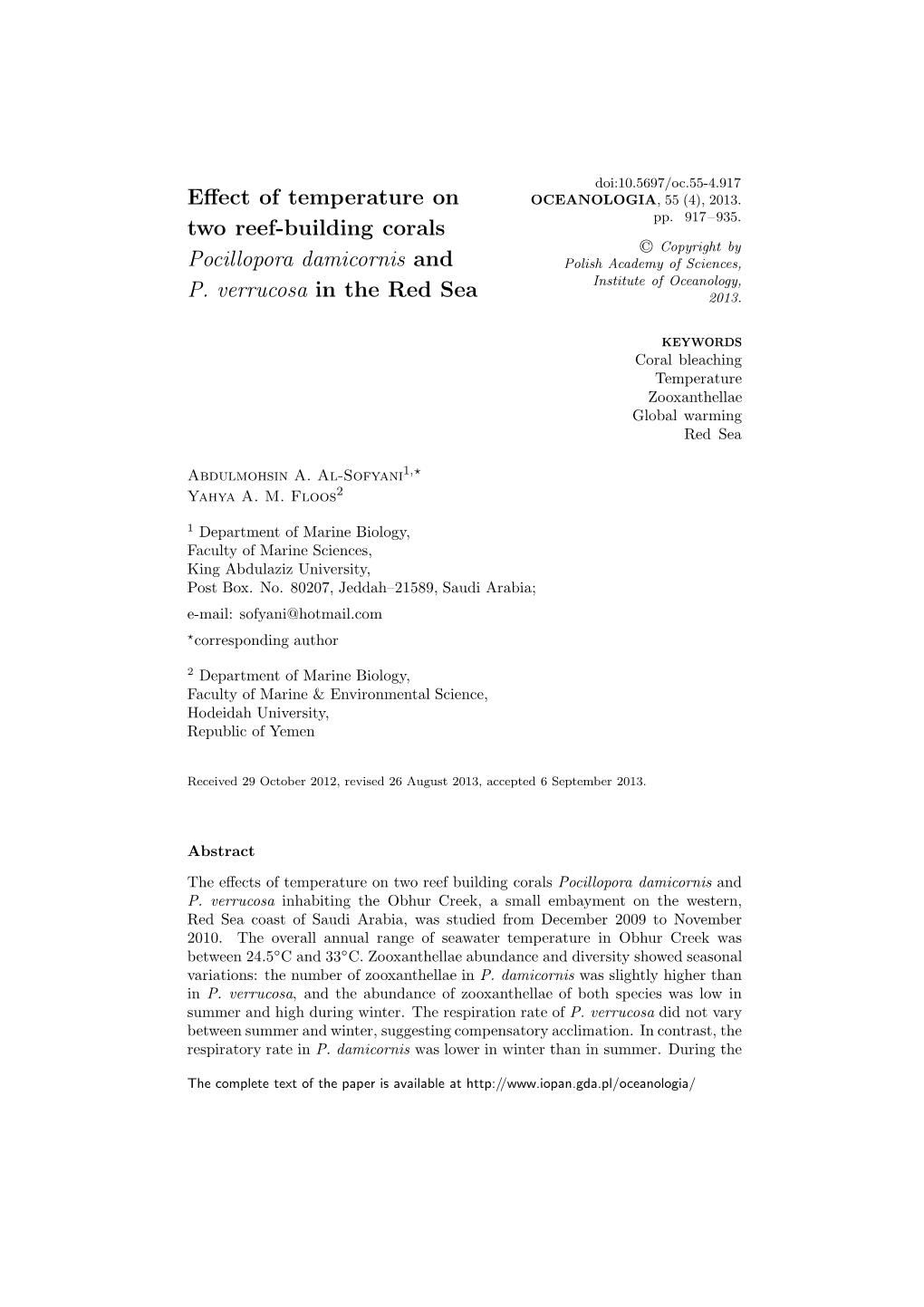 Effect of Temperature on Two Reef-Building Corals Pocillopora