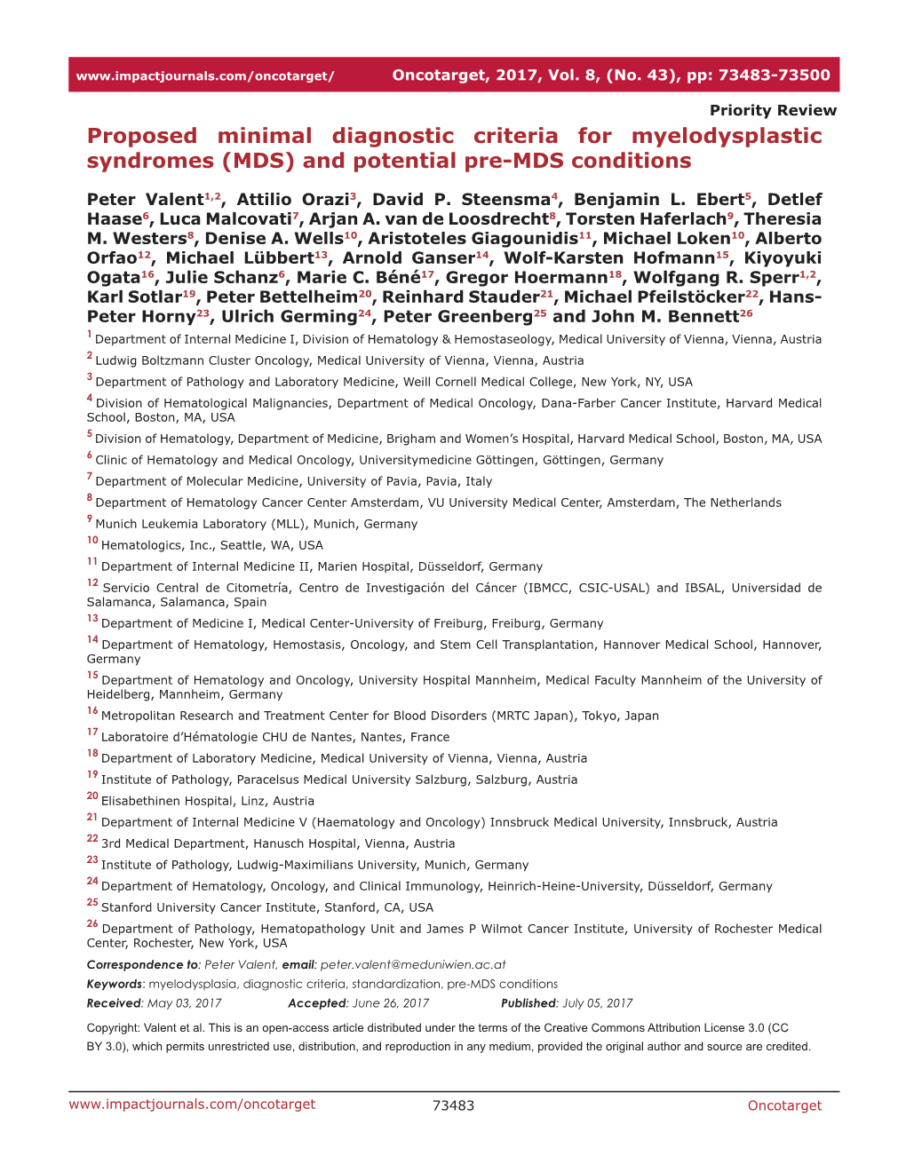 Proposed Minimal Diagnostic Criteria for Myelodysplastic Syndromes (MDS) and Potential Pre-MDS Conditions