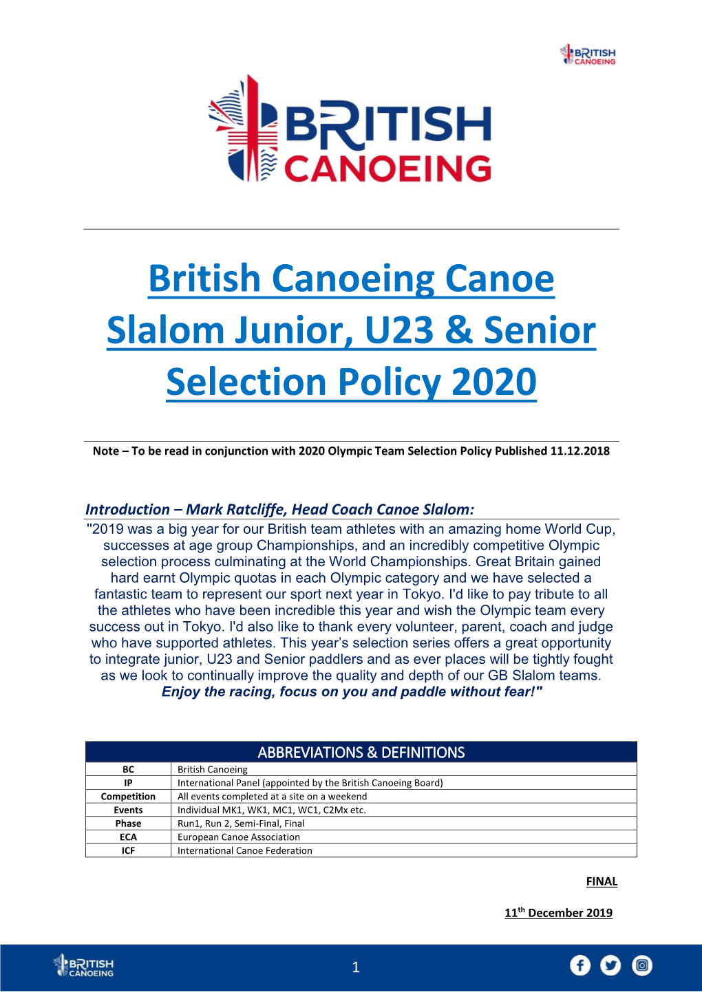 2020 British Canoeing Junior U23 Senior Slalom Team Selection