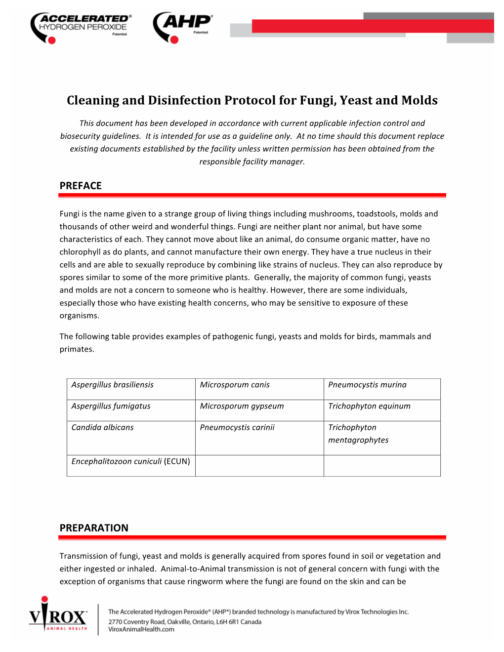 Cleaning and Disinfection Protocol for Fungi, Yeast and Molds