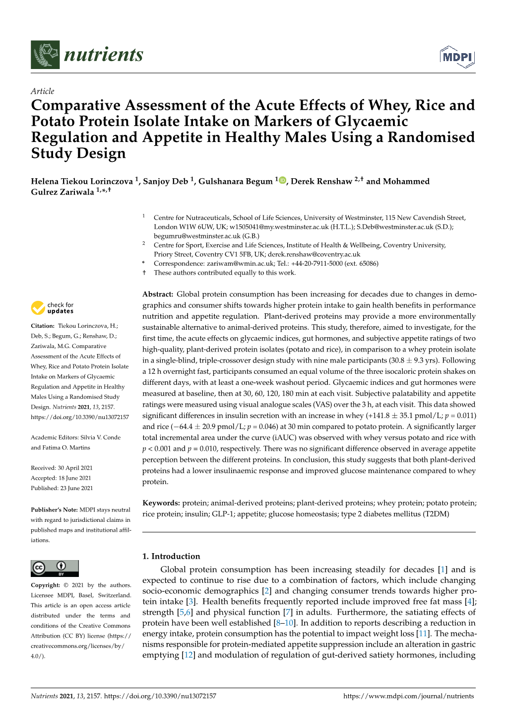 Comparative Assessment of the Acute Effects of Whey, Rice and Potato