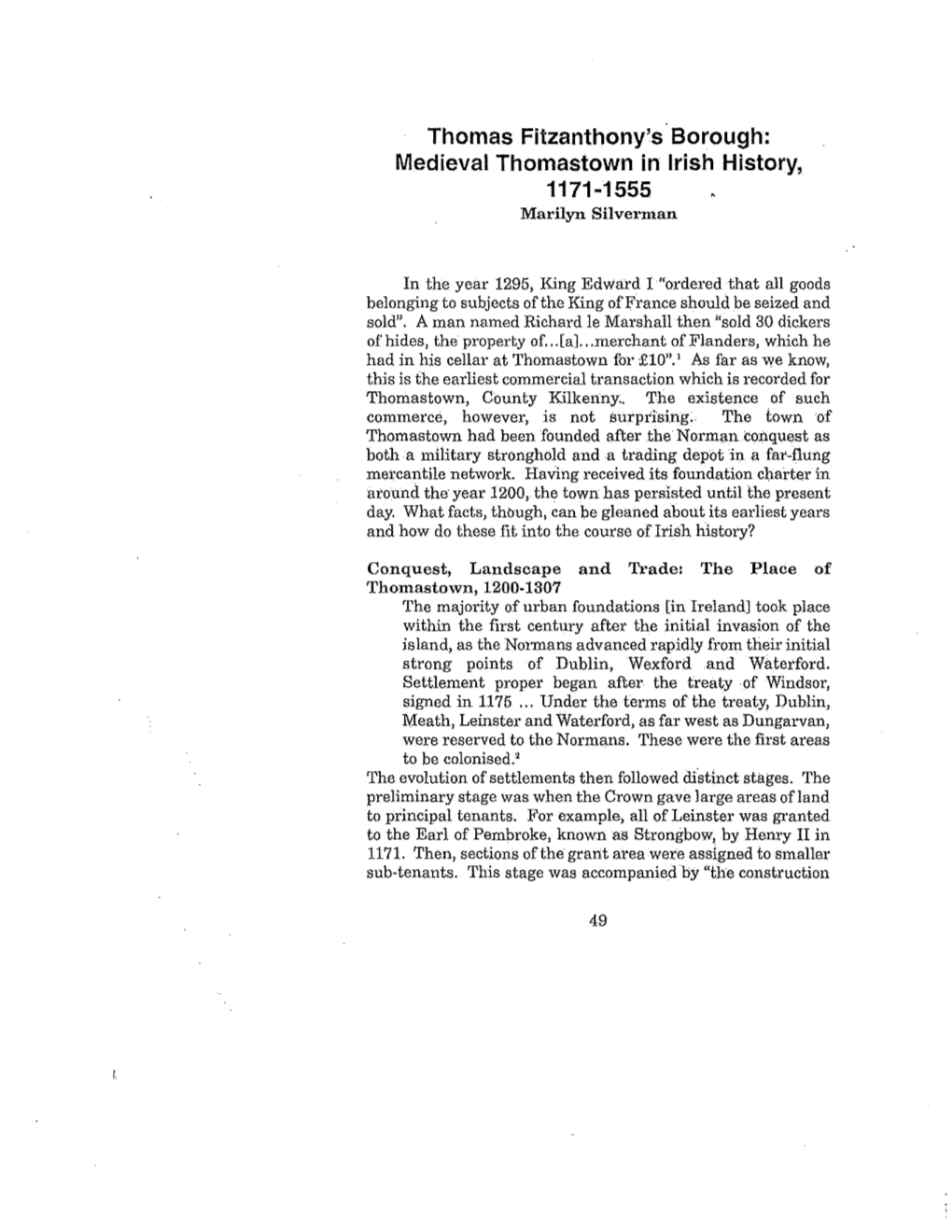 Medieval Thomastown in Irish History, 1171-1555 Marilyn Silverman