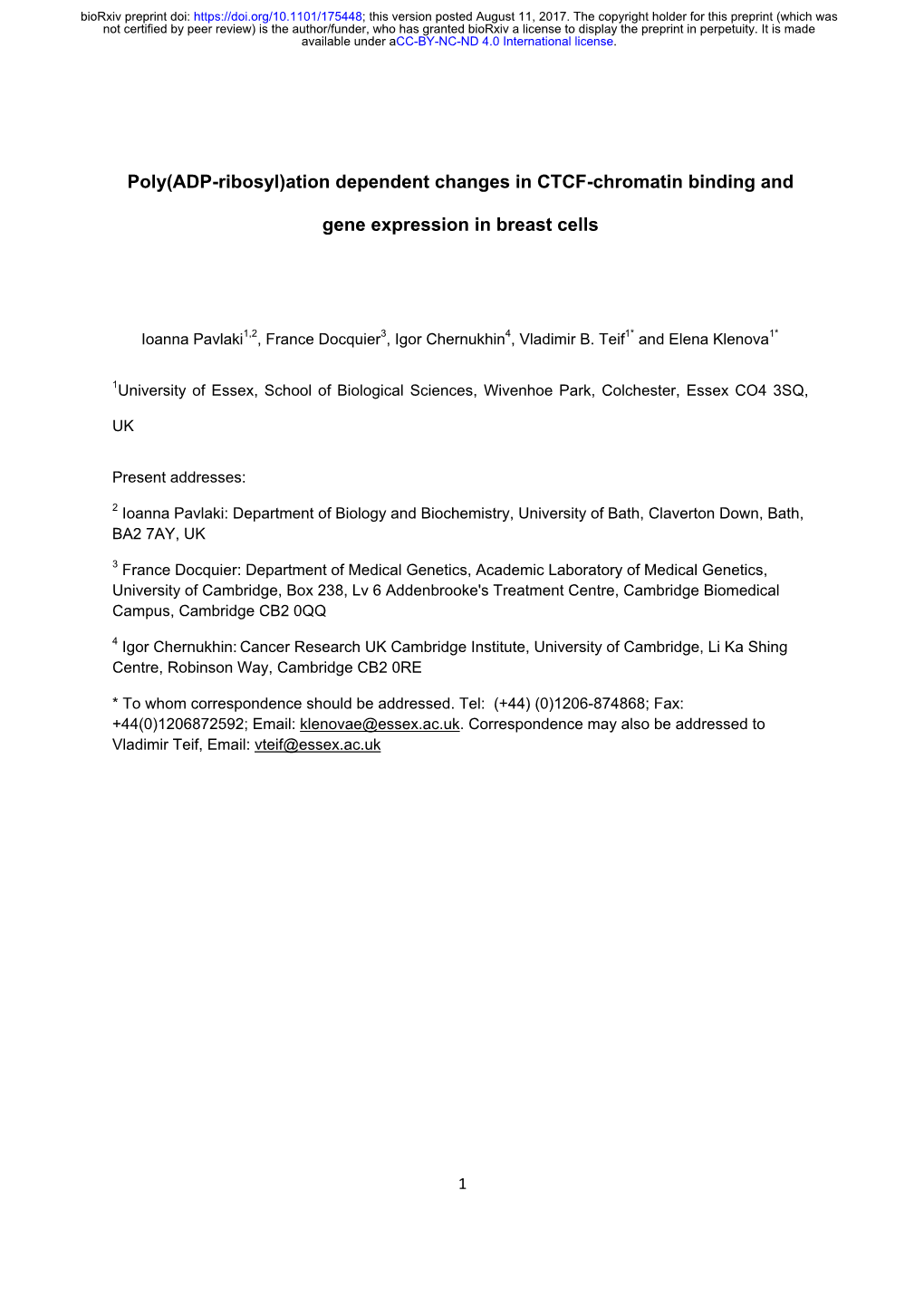 Poly(ADP-Ribosyl)Ation Dependent Changes in CTCF-Chromatin Binding And