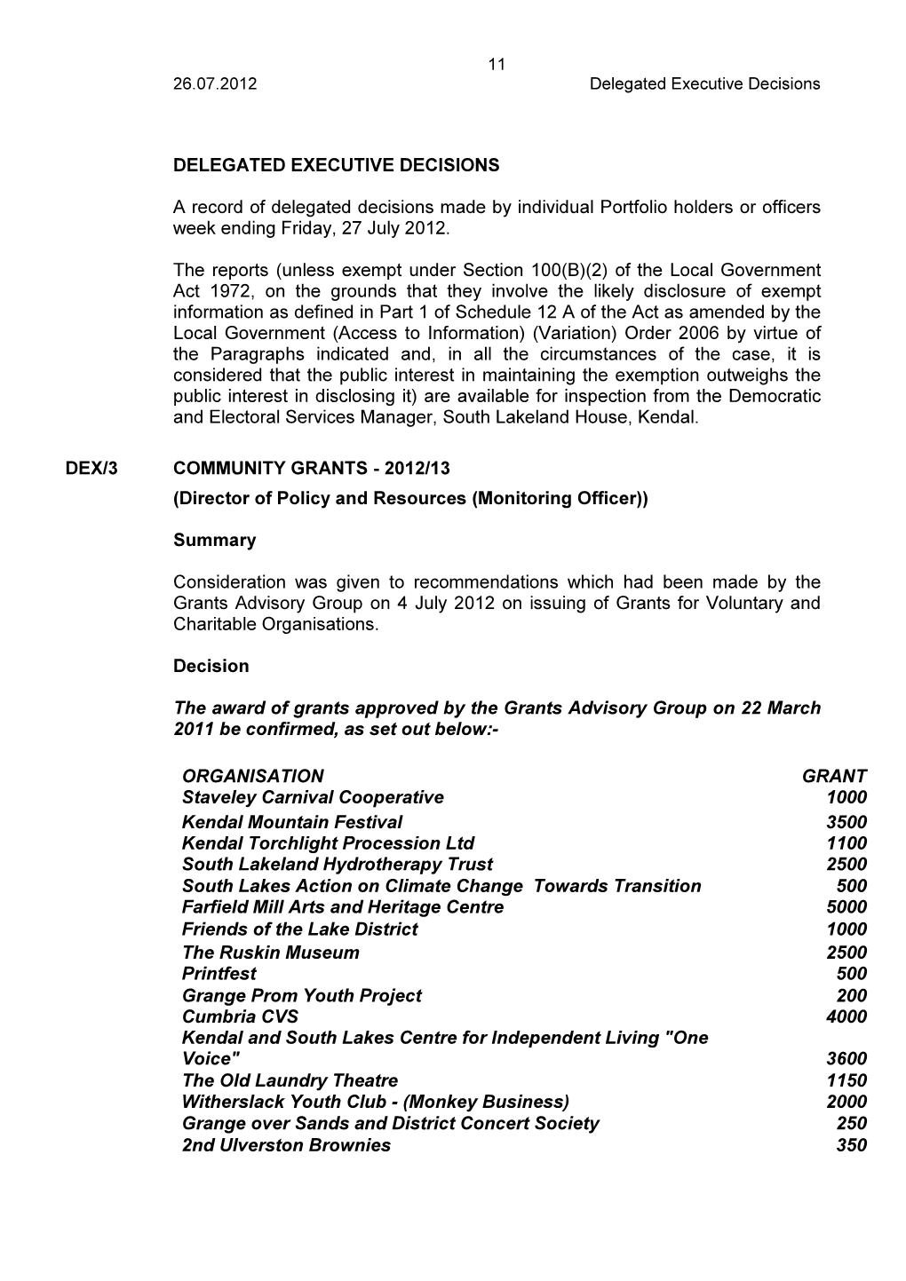 DELEGATED EXECUTIVE DECISIONS a Record of Delegated