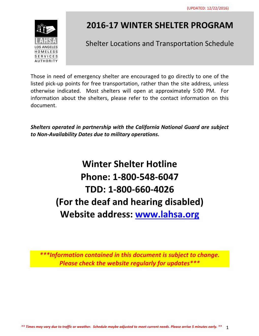 2016-17 Winter Shelter Program
