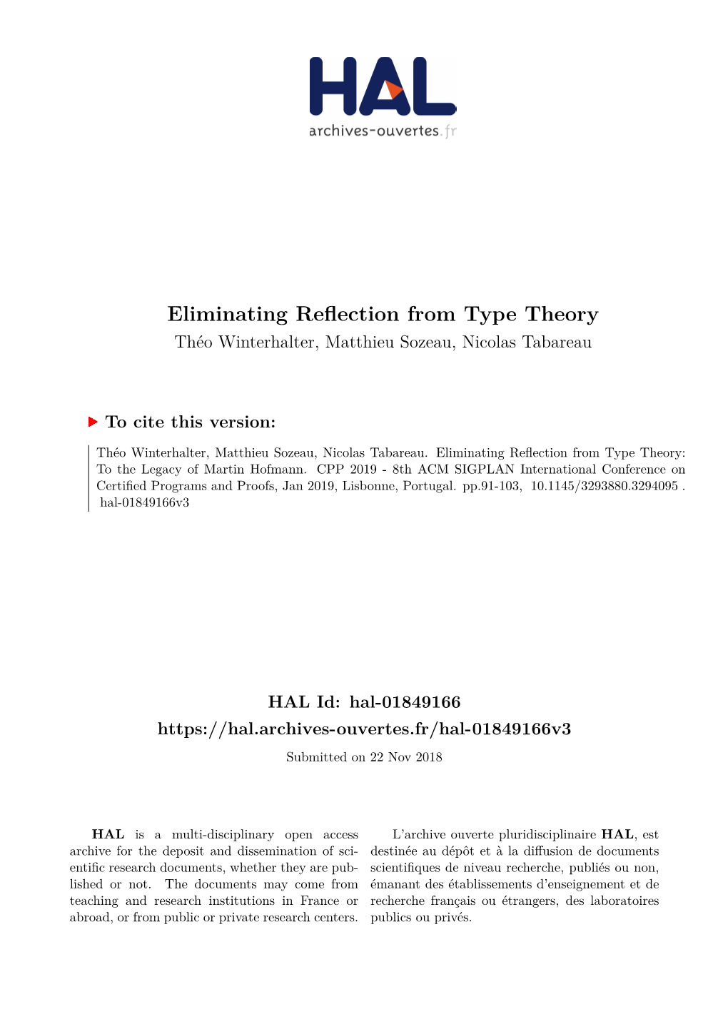 Eliminating Reflection from Type Theory Théo Winterhalter, Matthieu Sozeau, Nicolas Tabareau