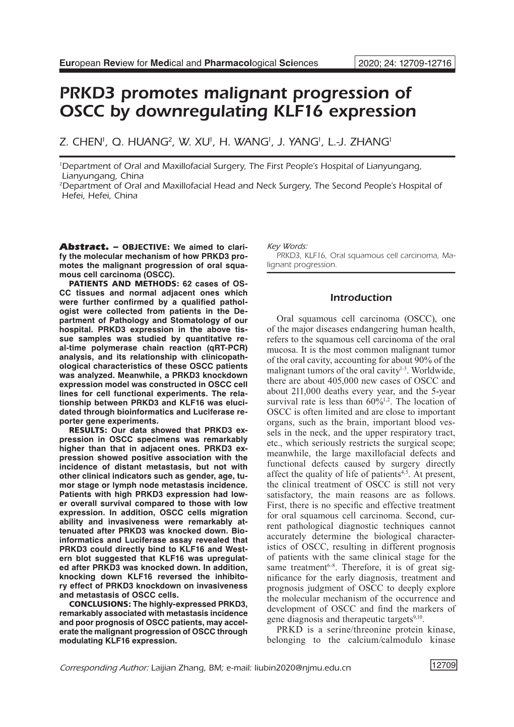 PRKD3 Promotes Malignant Progression of OSCC by Downregulating KLF16 Expression