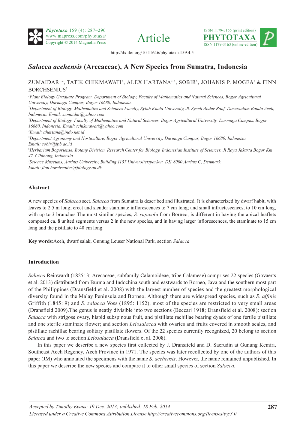 Salacca Acehensis (Arecaceae), a New Species from Sumatra, Indonesia