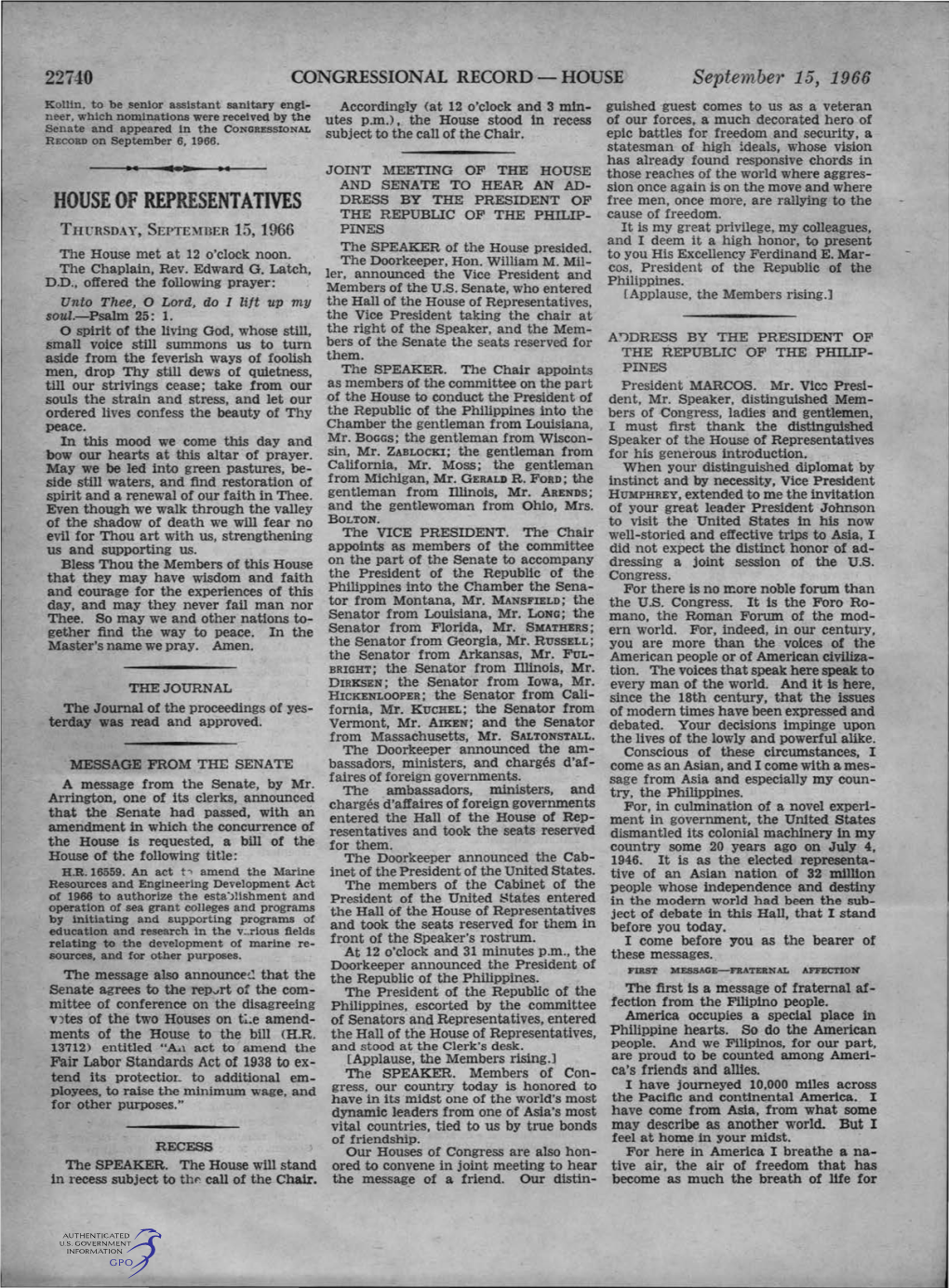 HOUSE of REPRESENTATIVES DRESS by the PRESIDENT of Free Men, Once More, Are Rallying to the the REPUBLIC of the PHILIP­ Cause of Freedom