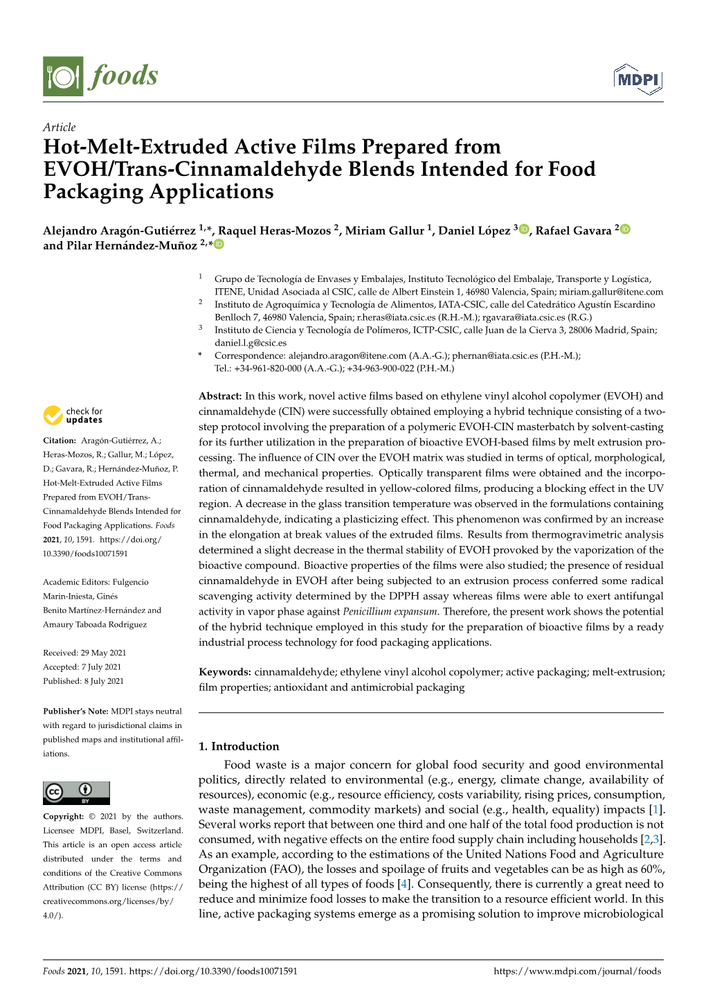 Hot-Melt-Extruded Active Films Prepared from EVOH/Trans-Cinnamaldehyde Blends Intended for Food Packaging Applications