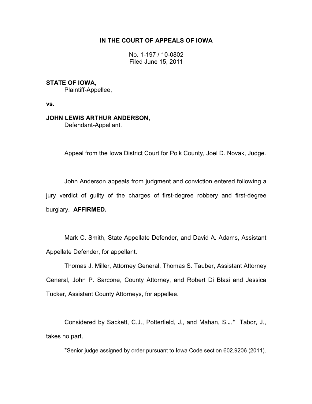 IN the COURT of APPEALS of IOWA No. 1-197 / 10-0802 Filed