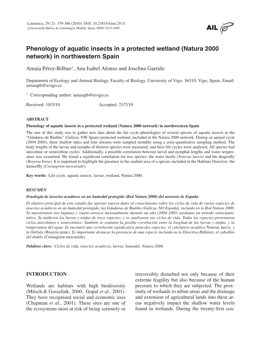 Phonology of Aquatic Insects in Protected Wetland Galicia