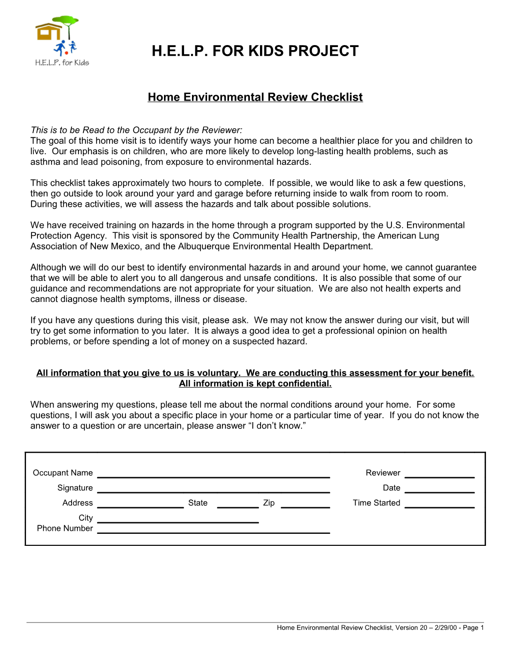 H.E.L.P. for KIDS HOME ENVIRONMENTAL REVIEW