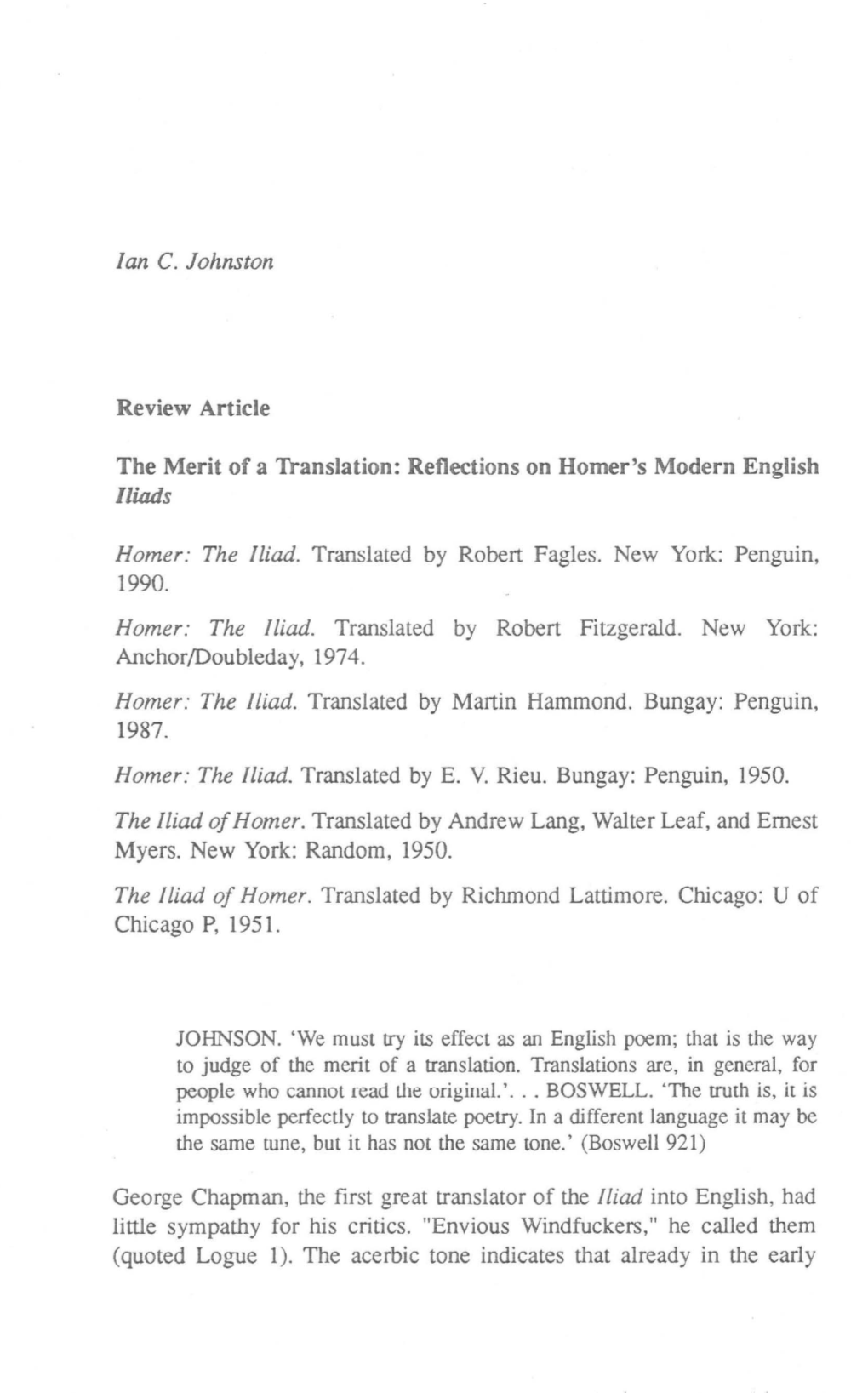 Reflections on Homer's Modern English Lliads