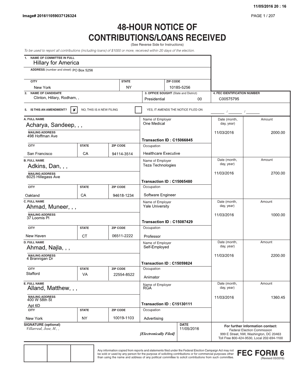 48-Hour Notice of Contributions/Loans