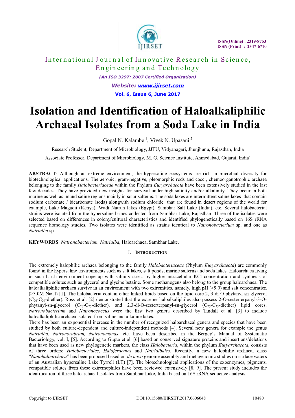 Isolation and Identification of Haloalkaliphilic Archaeal Isolates from a Soda Lake in India