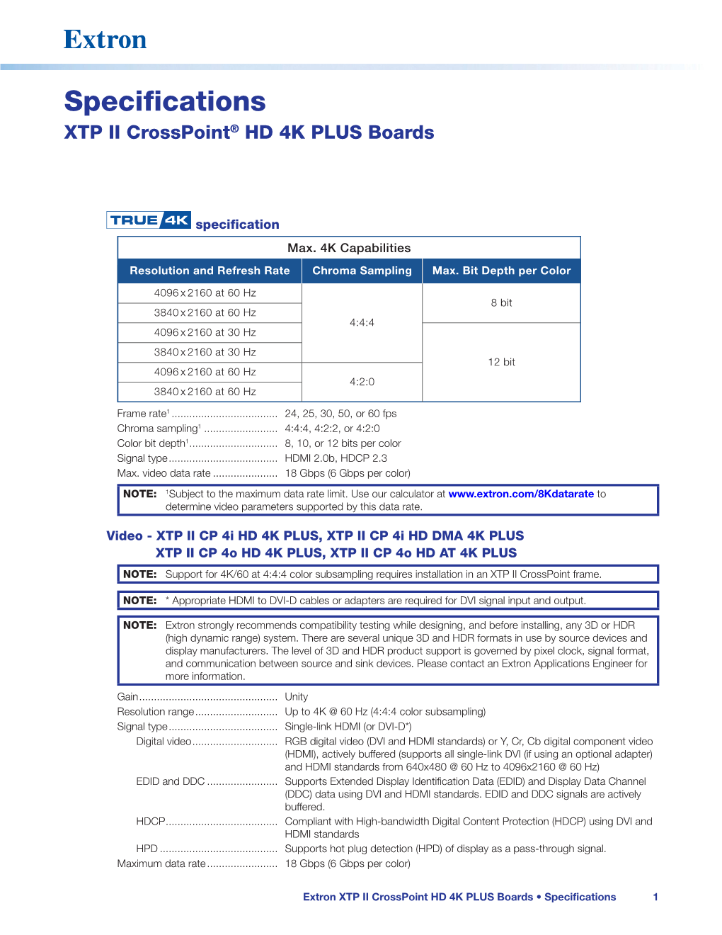 Extron XTP II CP HD 4K PLUS I/O Boards -- 4K/60 HDMI Input and Output Boards with Stereo Audio | Spec Sheet