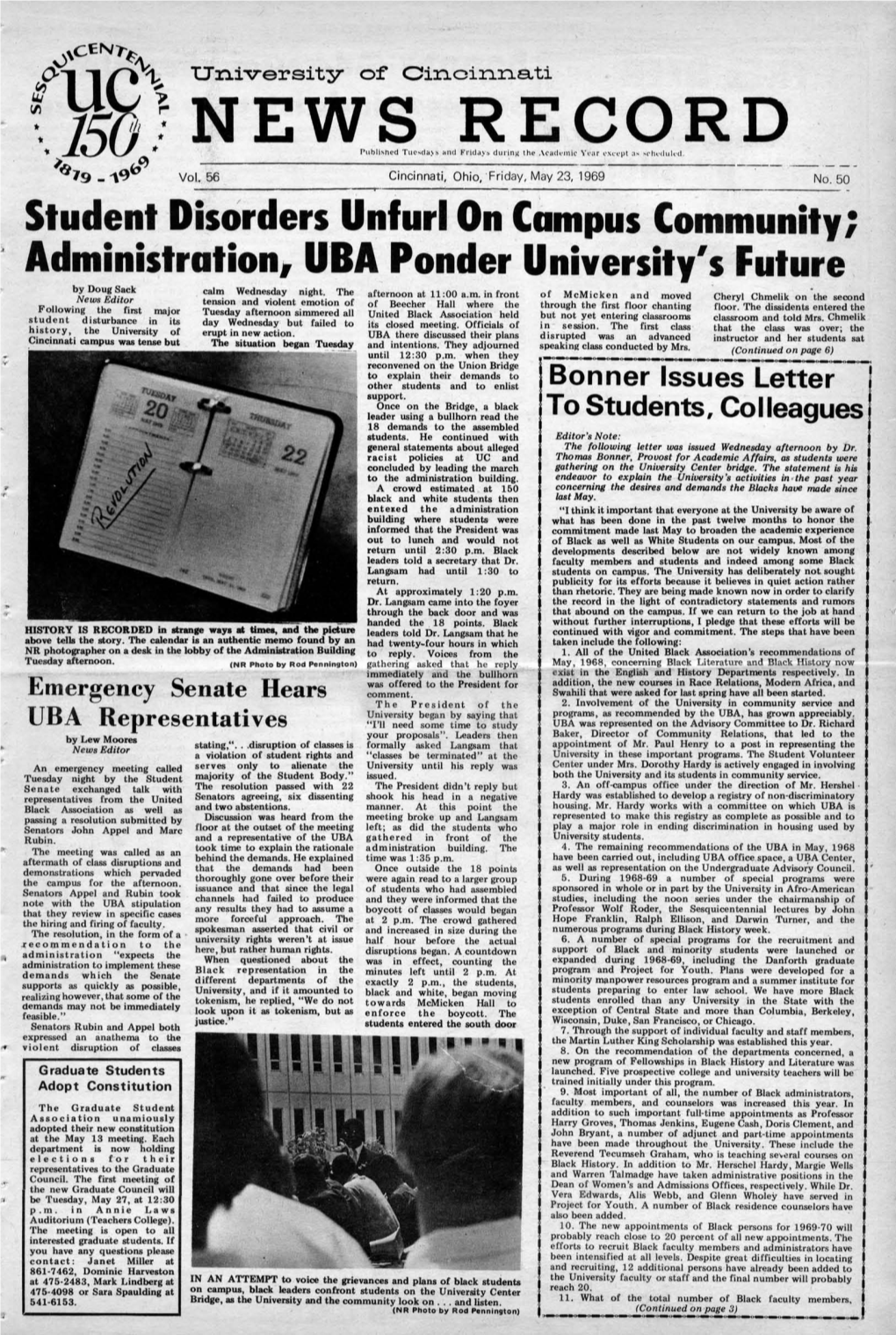 University of Cincinnati News Record. Friday, May 23, 1969. Vol. LVI, No