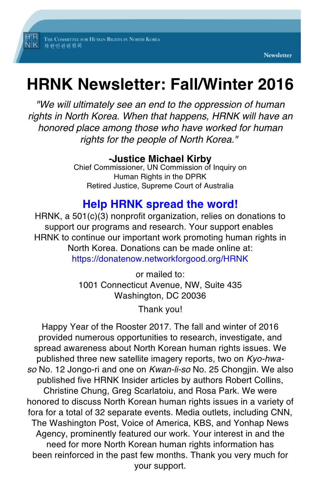 HRNK Newsletter: Fall/Winter 2016 "We Will Ultimately See an End to the Oppression of Human Rights in North Korea