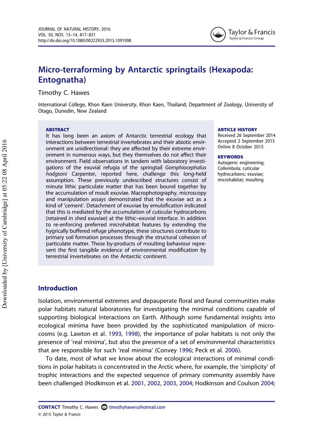 Micro-Terraforming by Antarctic Springtails (Hexapoda: Entognatha) Timothy C