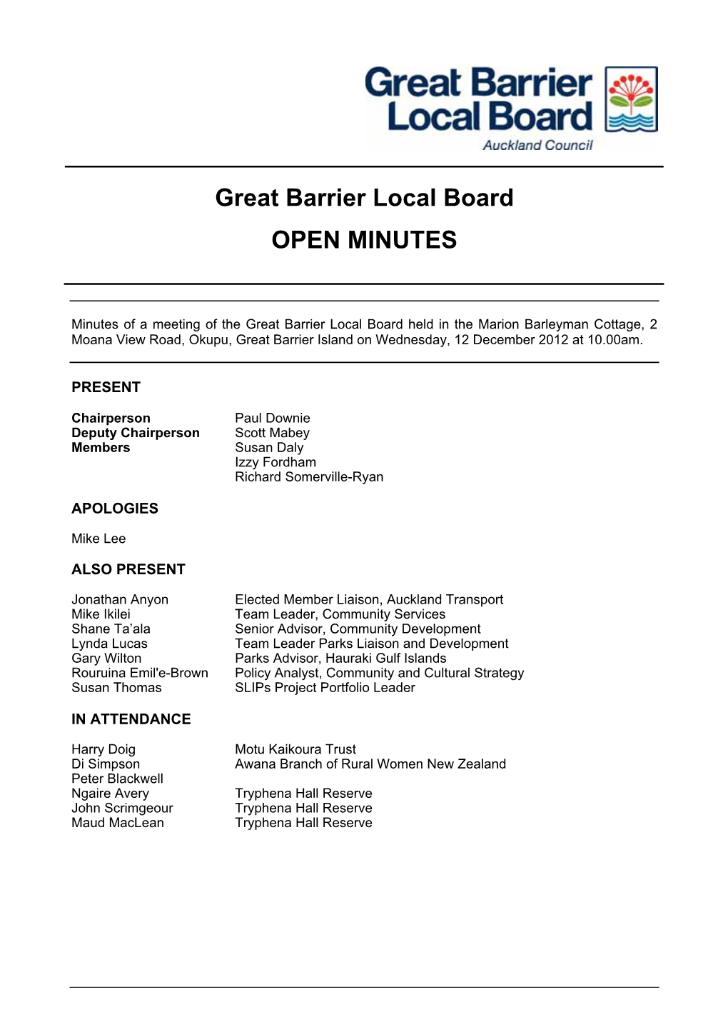 Great Barrier Local Board Minutes