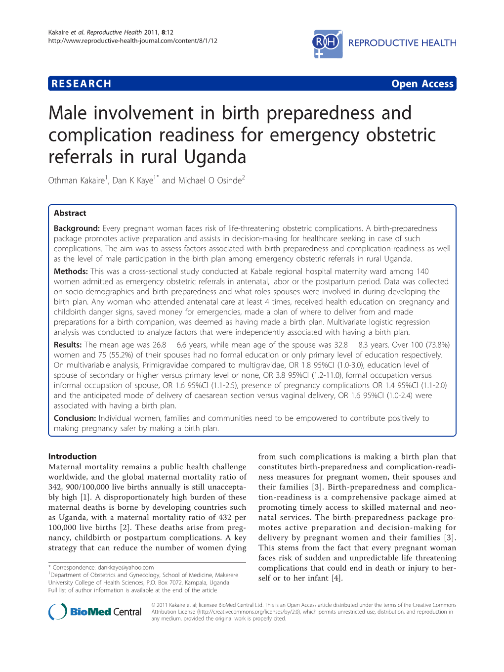 Male Involvement in Birth Preparedness and Complication