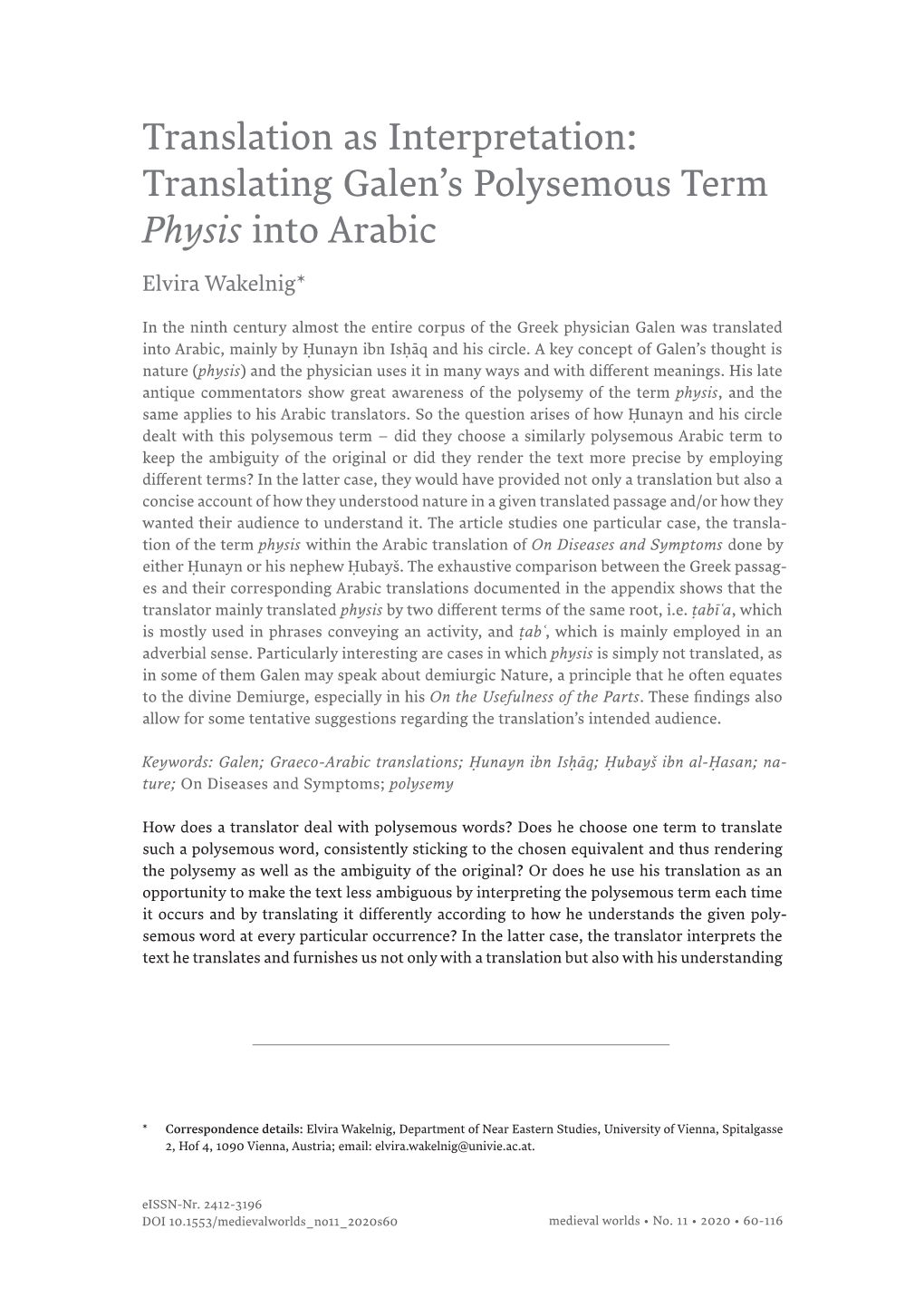 Translating Galen's Polysemous Term Physis Into Arabic