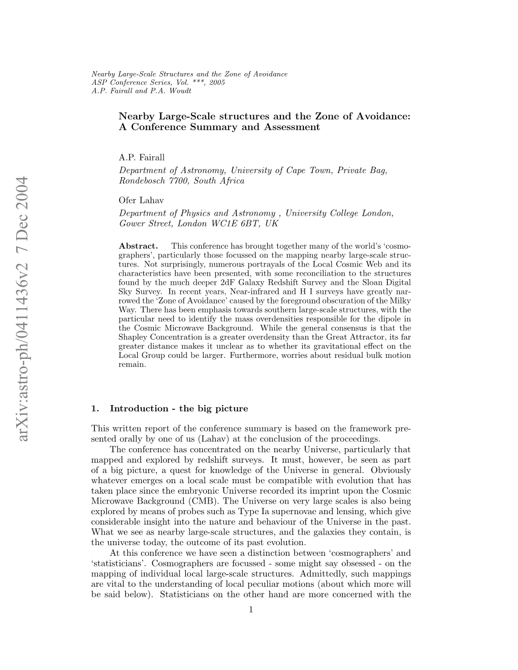 Arxiv:Astro-Ph/0411436V2 7 Dec 2004 Esi Eo) Ttsiin Nteohrhn R Oeconc More Are Hand Other the on (Ab Statisticians Motions Peculiar Below)