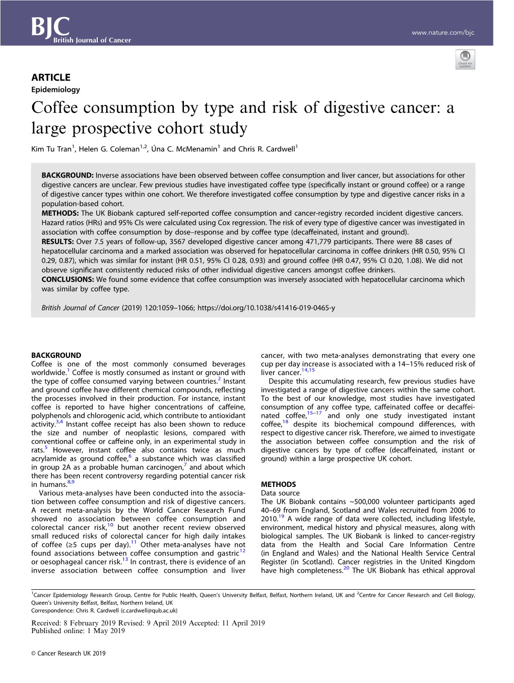 Coffee Consumption by Type and Risk of Digestive Cancer: a Large Prospective Cohort Study