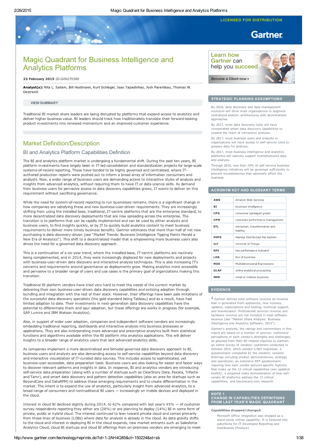 Magic Quadrant for Business Intelligence and Analytics Platforms