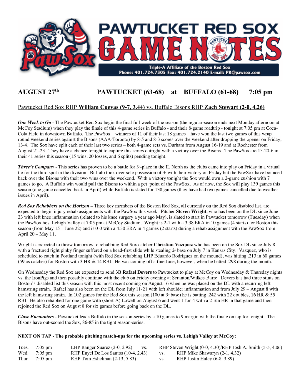 AUGUST 27Th PAWTUCKET (63-68) at BUFFALO (61-68) 7:05 Pm