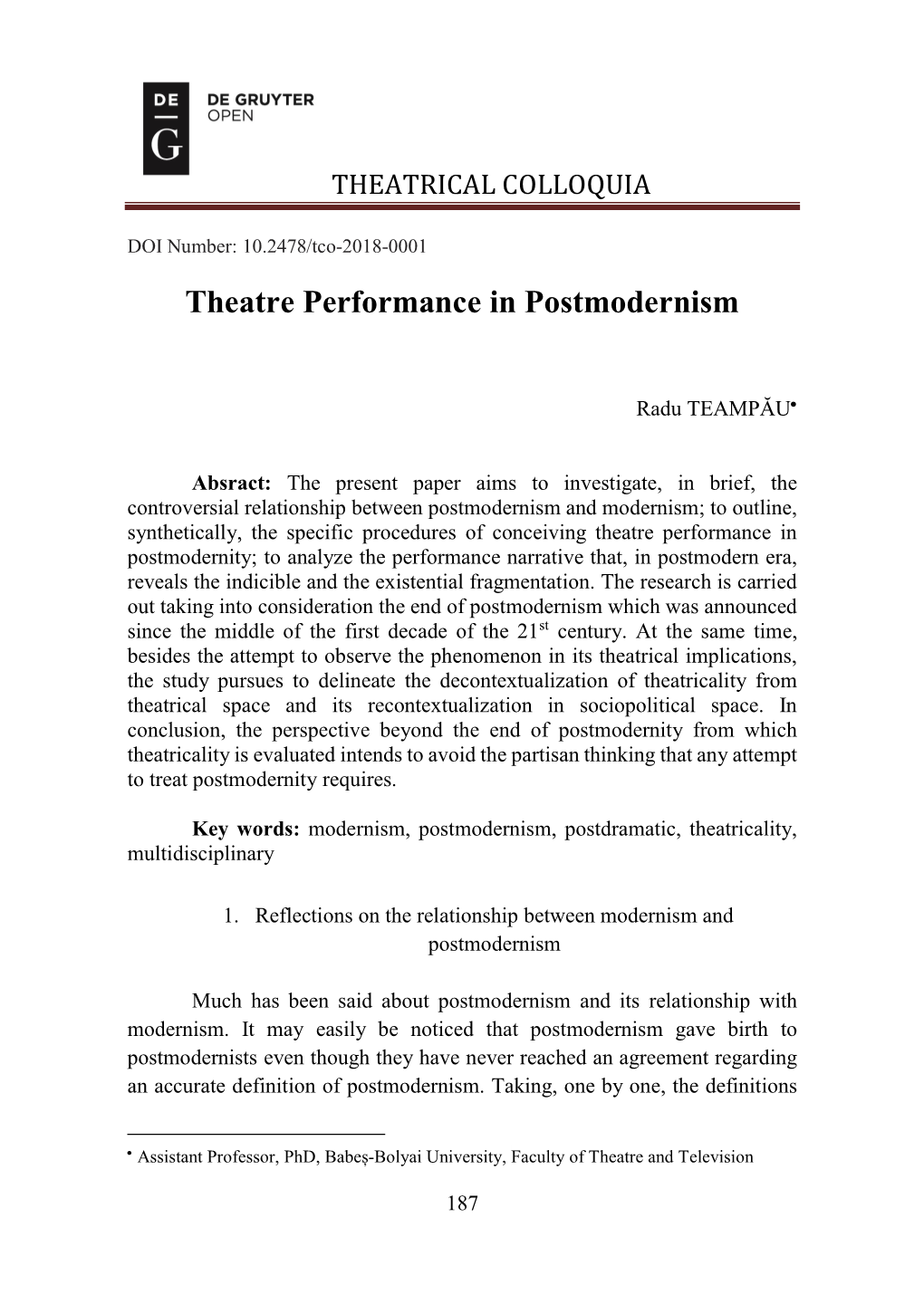 Theatre Performance in Postmodernism