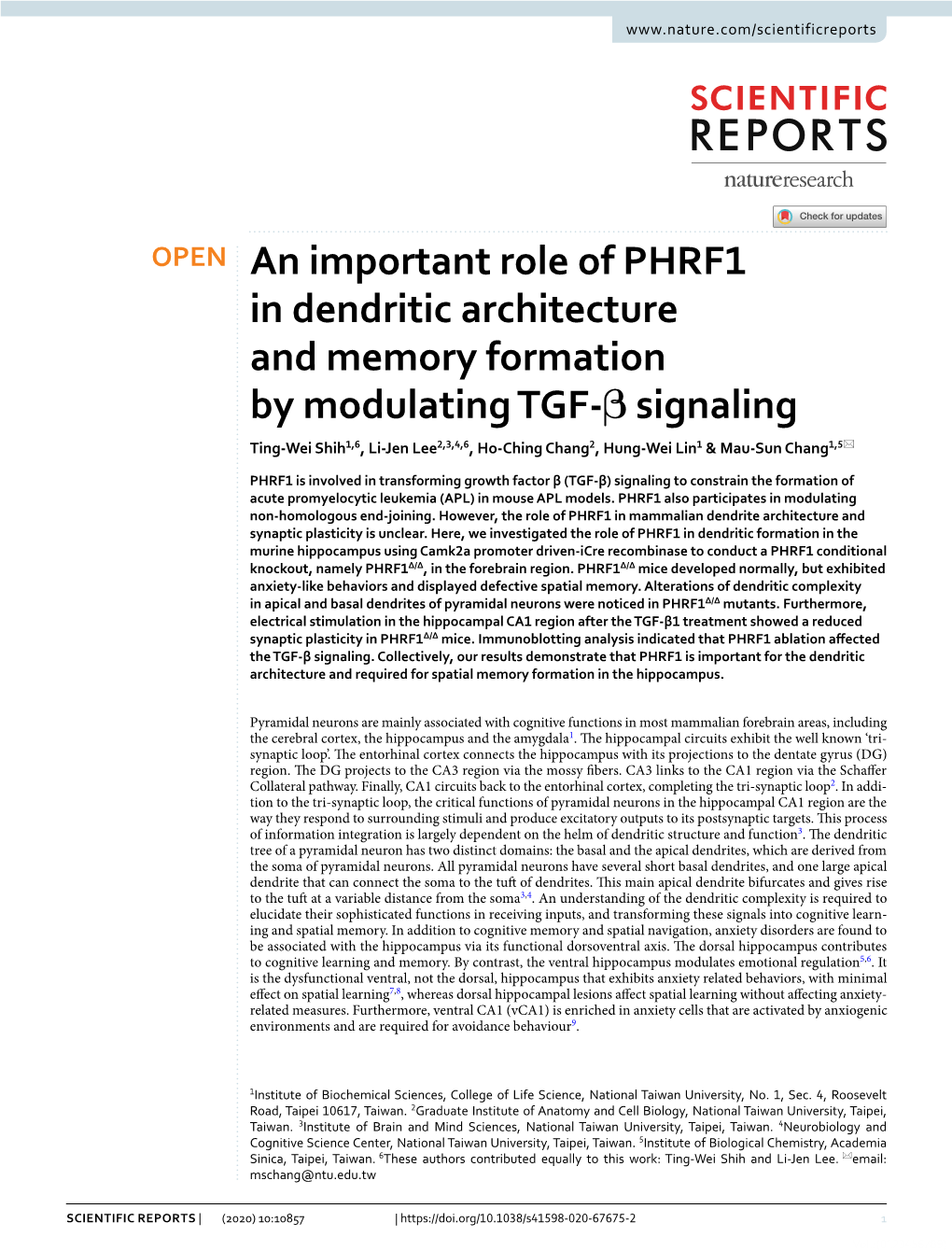 An Important Role of PHRF1 in Dendritic Architecture and Memory