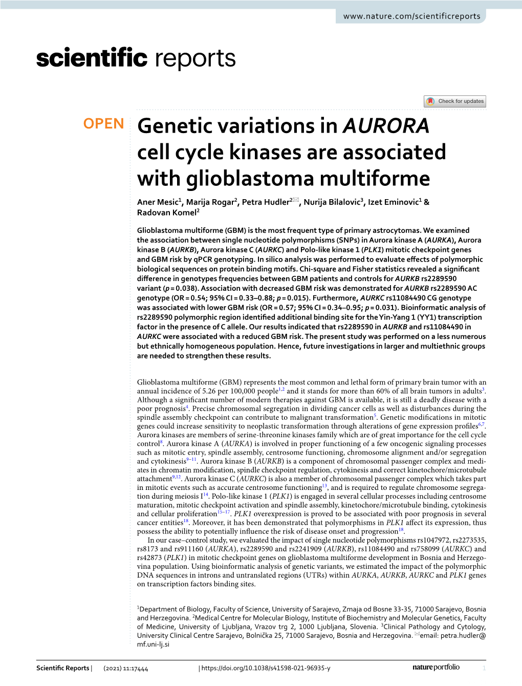 Genetic Variations in AURORA Cell Cycle Kinases Are Associated With