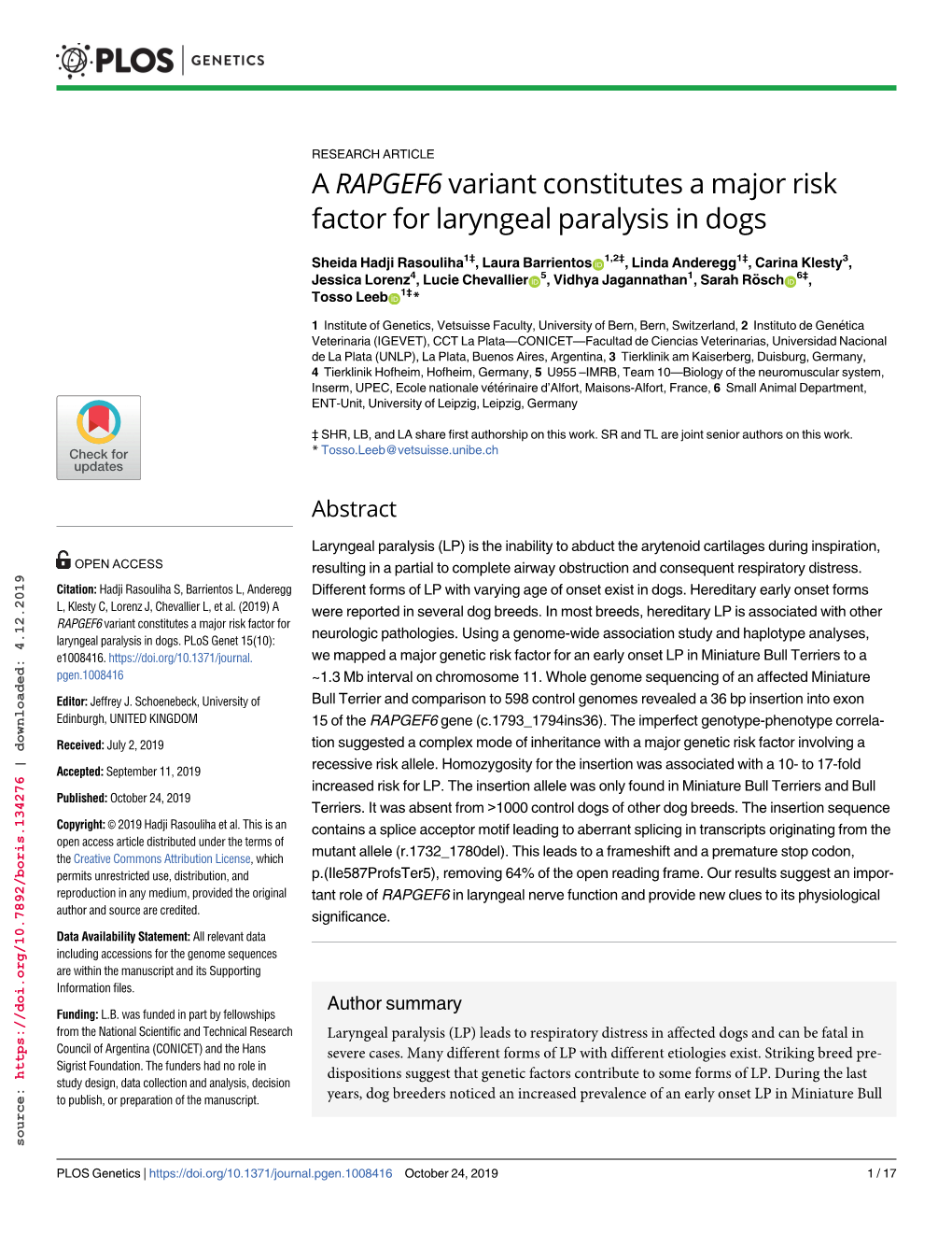 A RAPGEF6 Variant Constitutes a Major Risk Factor for Laryngeal Paralysis in Dogs