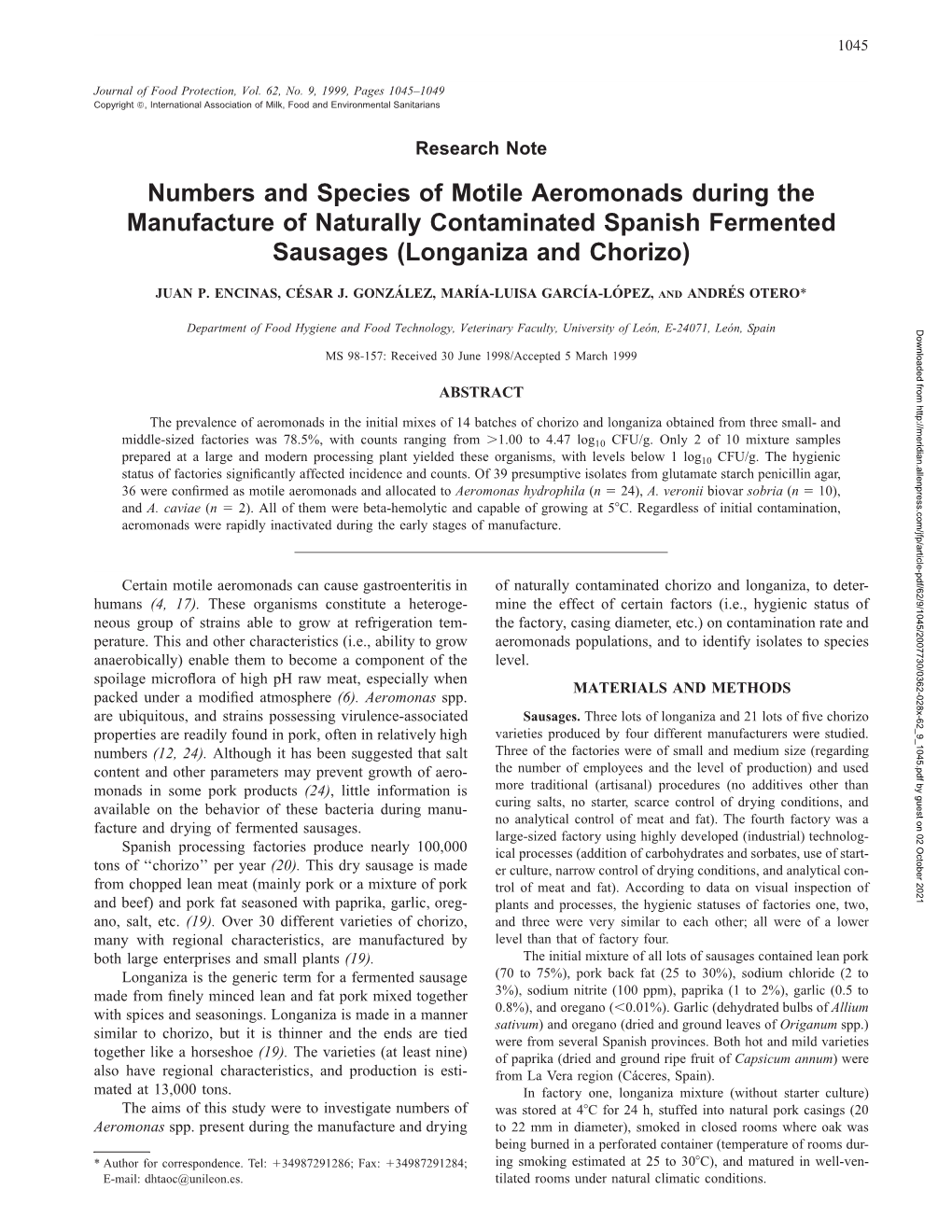 Numbers and Species of Motile Aeromonads During the Manufacture of Naturally Contaminated Spanish Fermented Sausages (Longaniza and Chorizo)