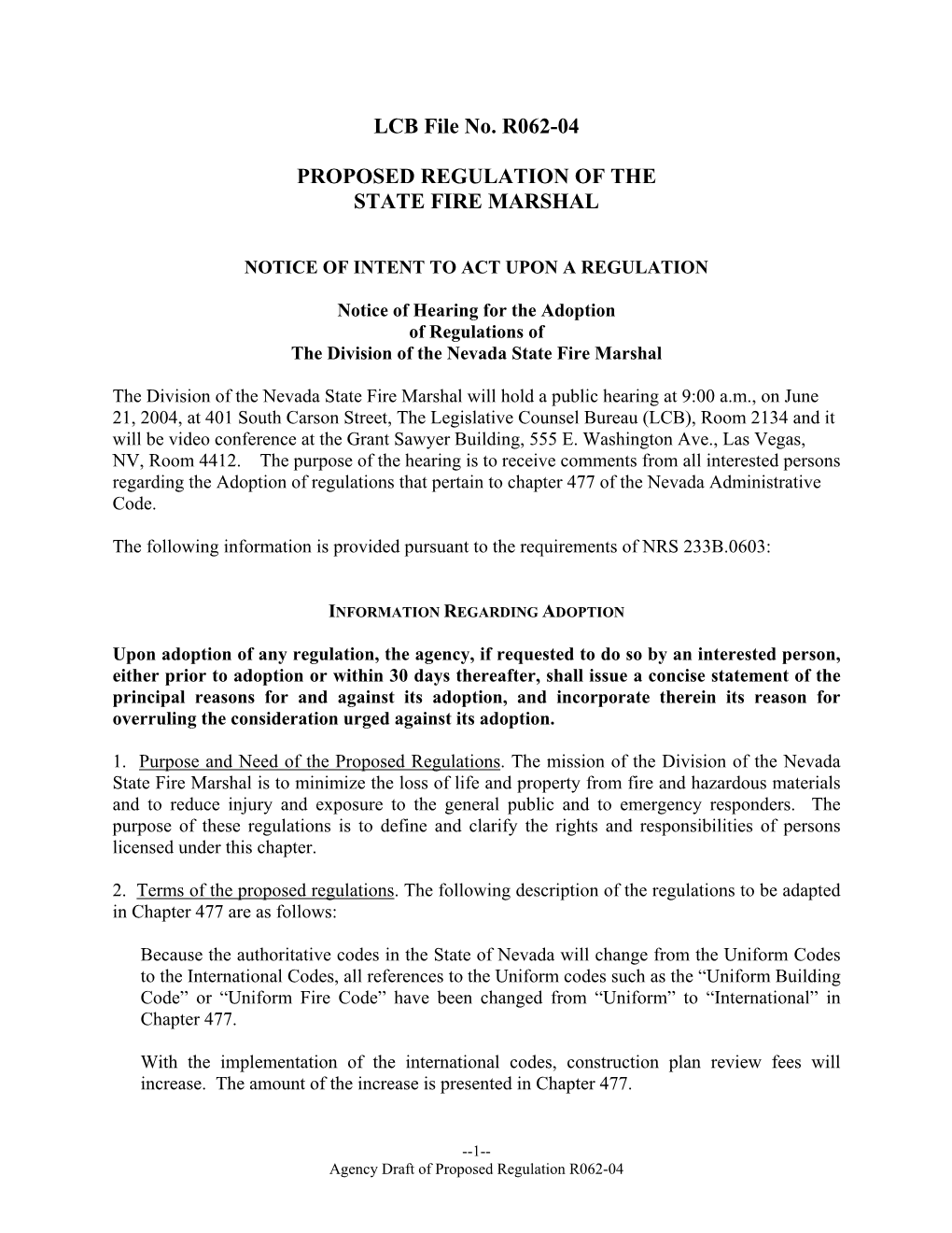 LCB File No. R062-04 PROPOSED REGULATION of the STATE FIRE