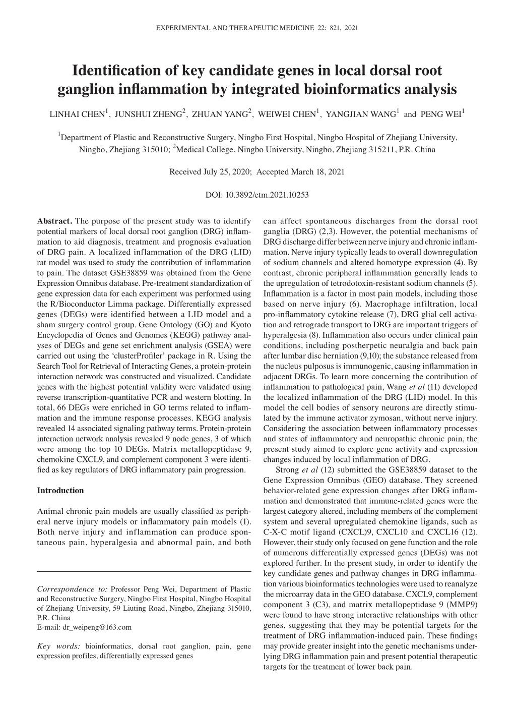 Identification of Key Candidate Genes in Local Dorsal Root Ganglion Inflammation by Integrated Bioinformatics Analysis