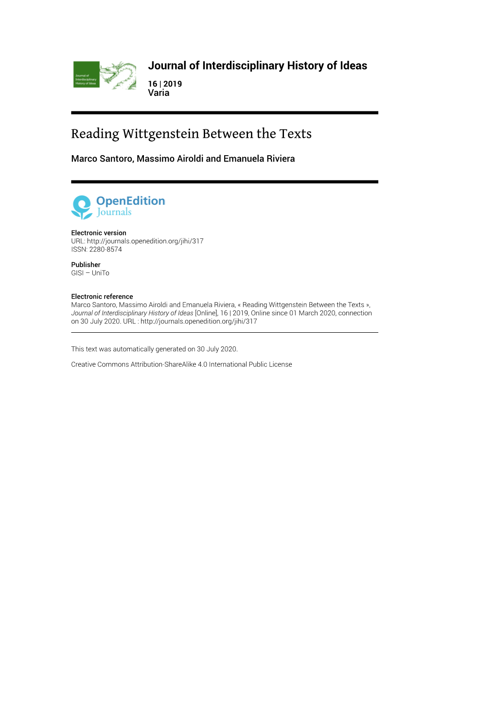 Journal of Interdisciplinary History of Ideas, 16 | 2019 Reading Wittgenstein Between the Texts 2