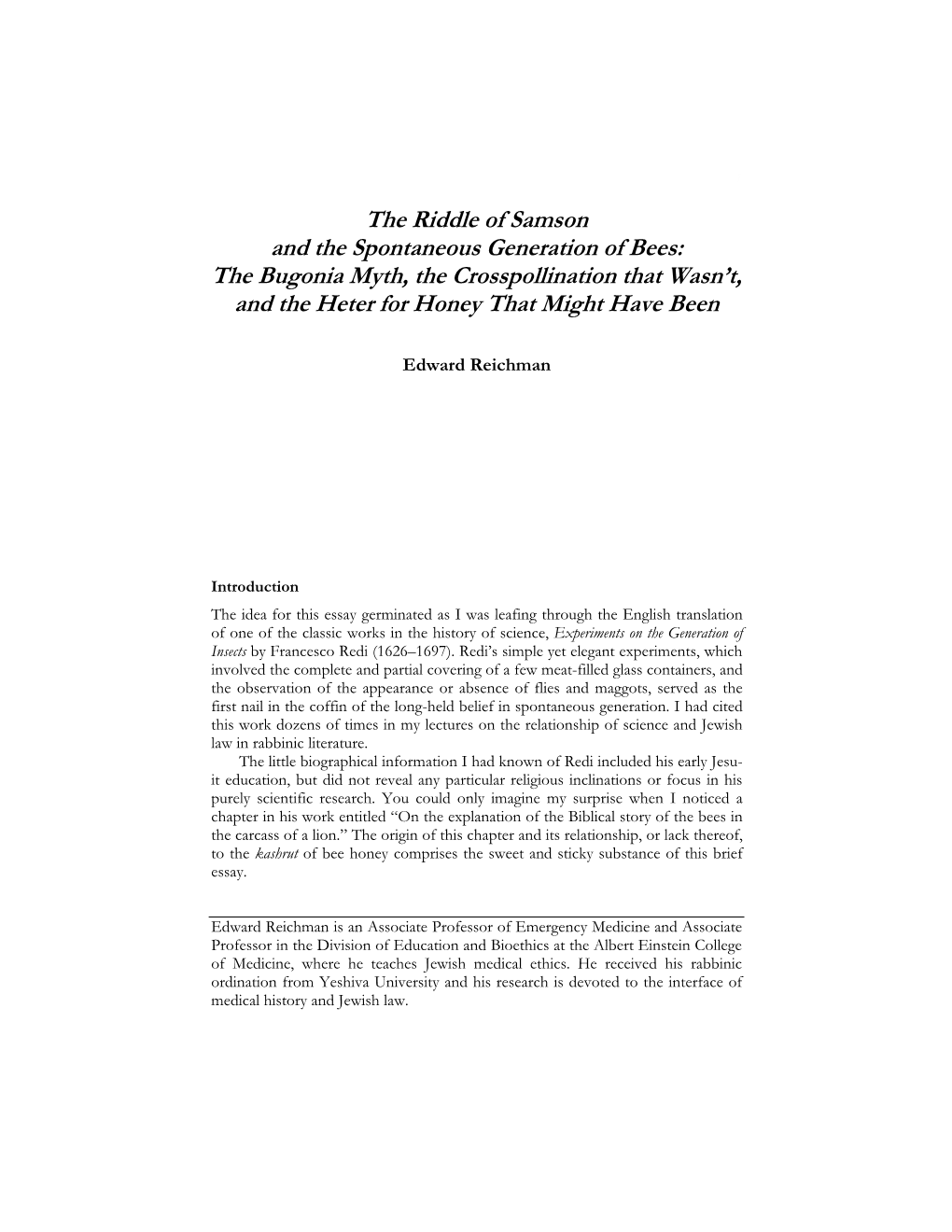 The Riddle of Samson and the Spontaneous Generation of Bees: the Bugonia Myth, the Crosspollination That Wasn’T, and the Heter for Honey That Might Have Been