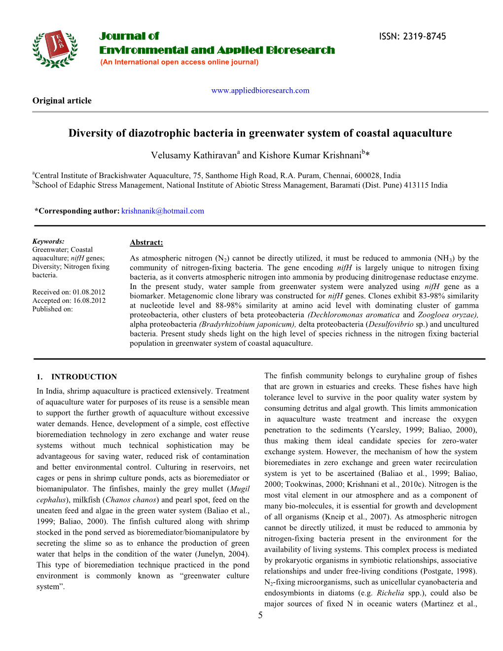 Diversity of Diazotrophic Bacteria in Greenwater System of Coastal Aquaculture