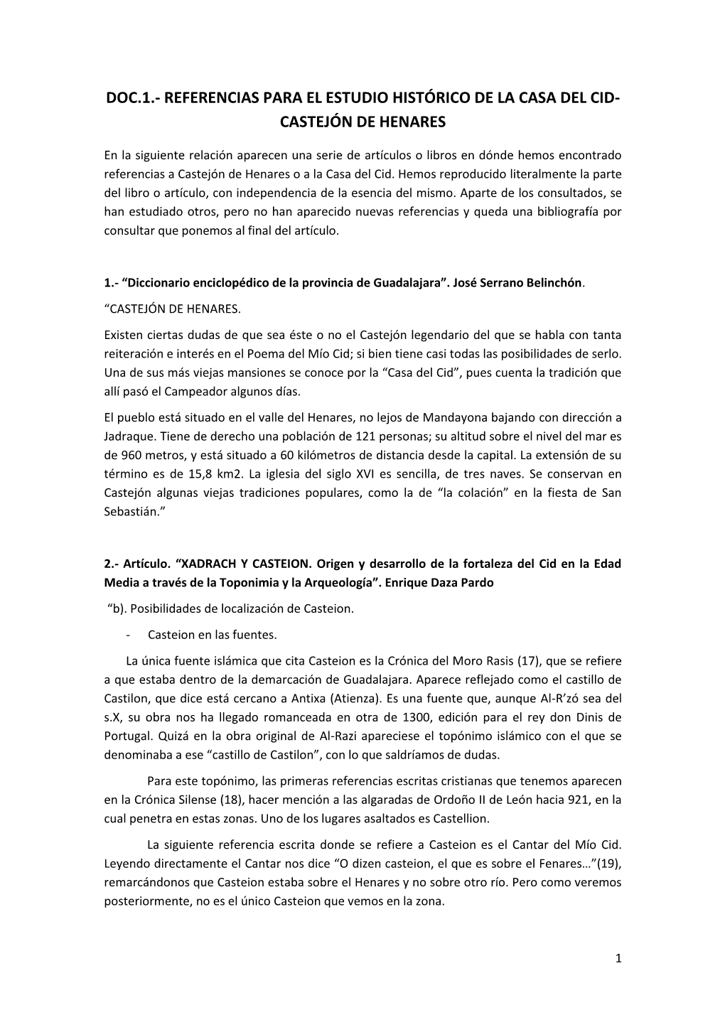 Doc.1.- Referencias Para El Estudio Histórico De La Casa Del Cid- Castejón De Henares