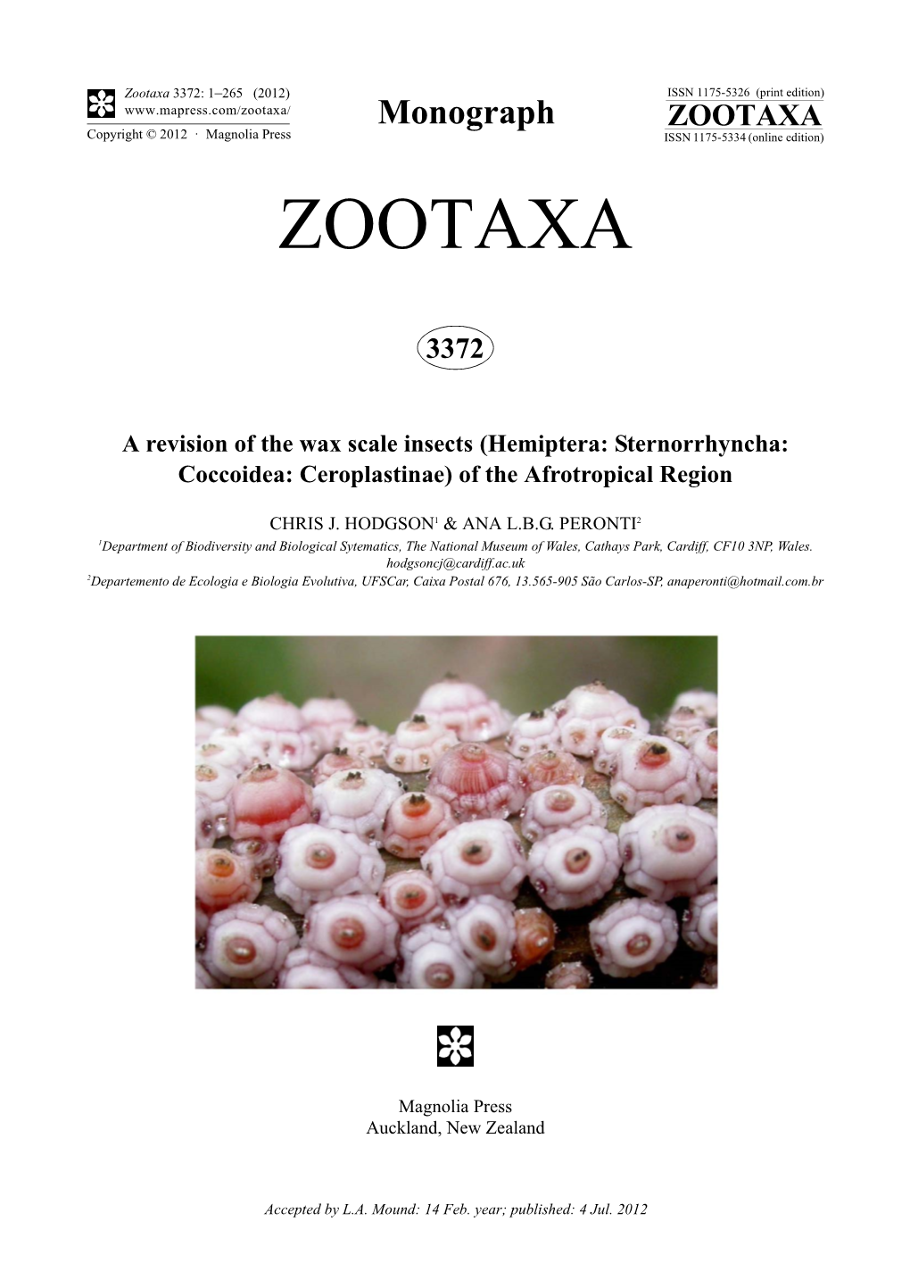 A Revision of the Wax Scale Insects (Hemiptera: Sternorrhyncha: Coccoidea: Ceroplastinae) of the Afrotropical Region