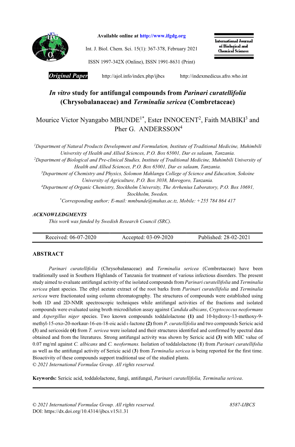 In Vitro Study for Antifungal Compounds from Parinari Curatellifolia (Chrysobalanaceae) and Terminalia Sericea (Combretaceae)