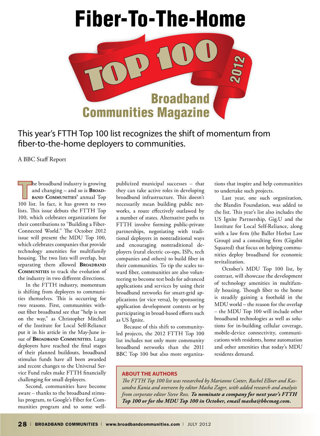 This Year's FTTH Top 100 List Recognizes the Shift of Momentum