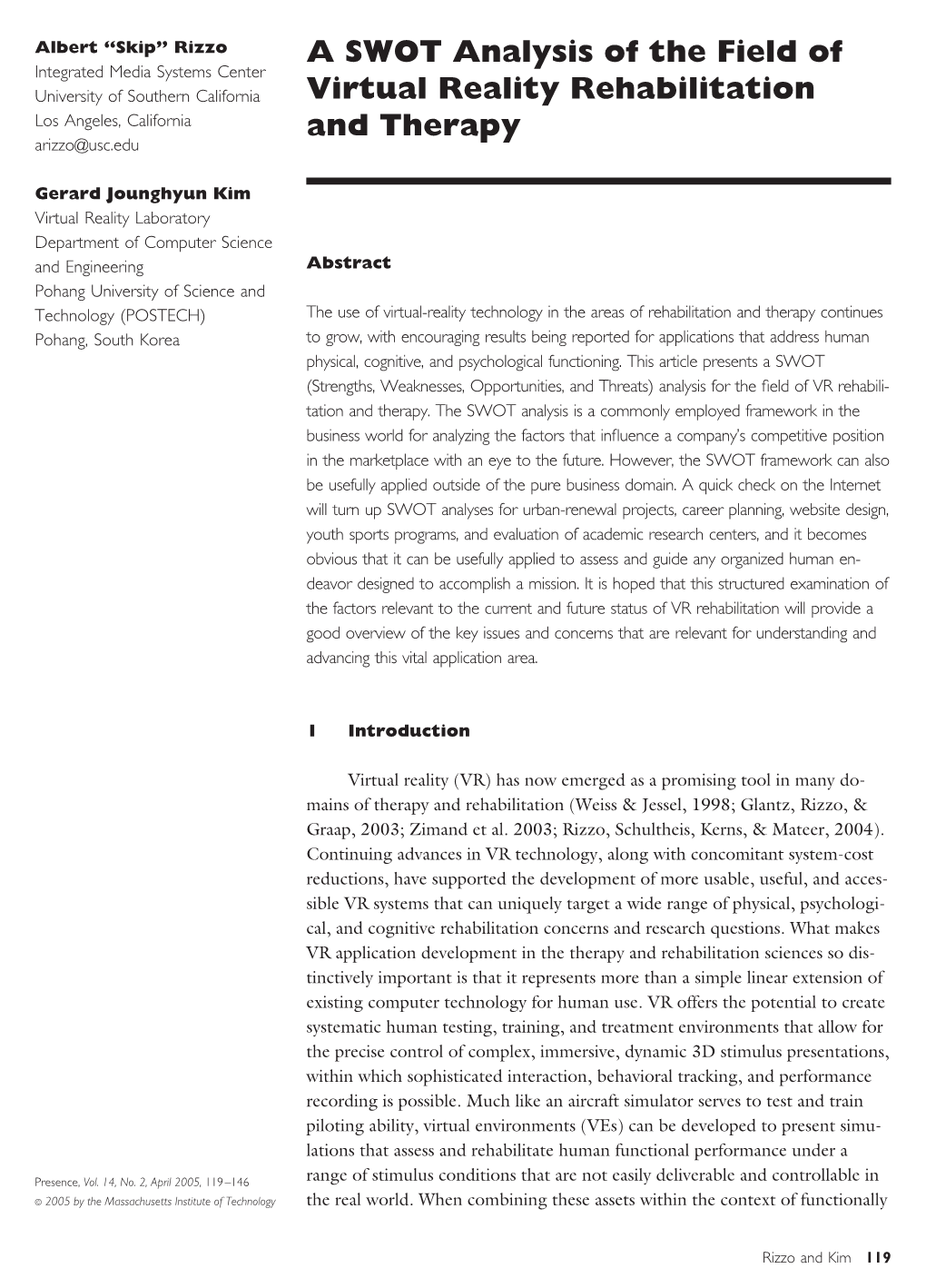 A SWOT Analysis of the Field of Virtual Reality Rehabilitation and Therapy