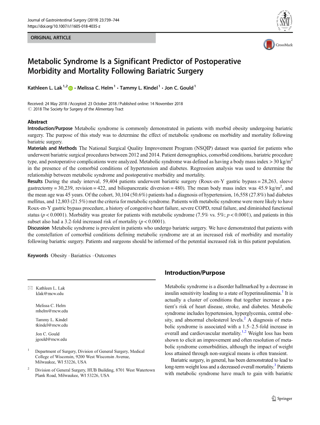 Metabolic Syndrome Is a Significant Predictor of Postoperative Morbidity and Mortality Following Bariatric Surgery