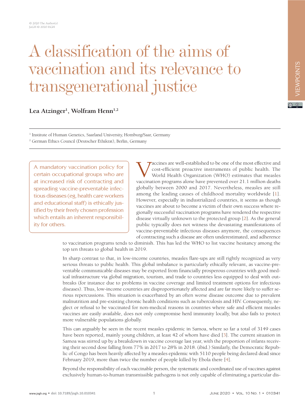 A Classification of the Aims of Vaccination and Its Relevance To